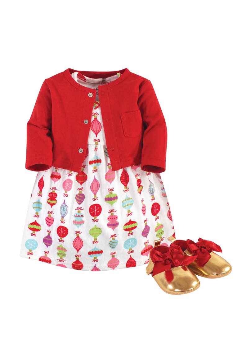 Cotton Dress, Cardigan & Shoe Set, Main, color, Glitzmas