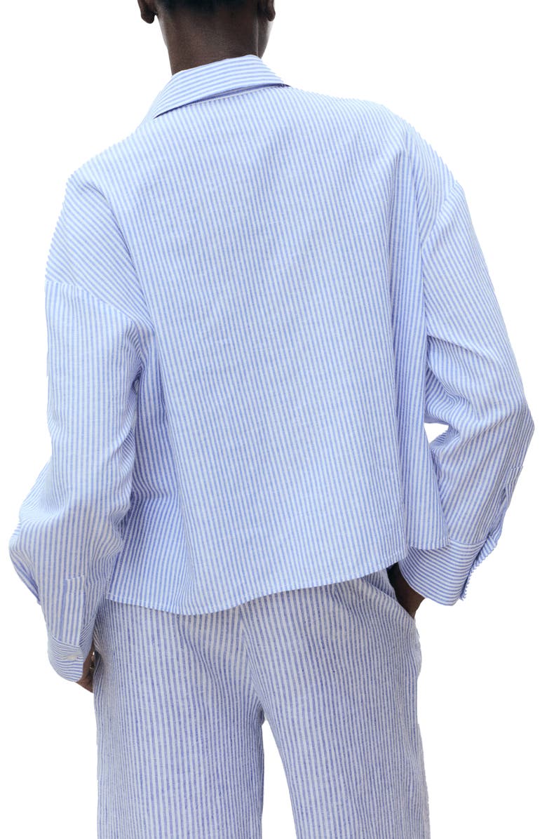 MANGO Stripe Pocket Crop High-Low Cotton & Linen Shirt, Alternate, color, Blue
