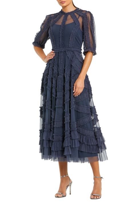 Petite Illusion High Neck Tiered Ruffle A-Line Midi Dress
