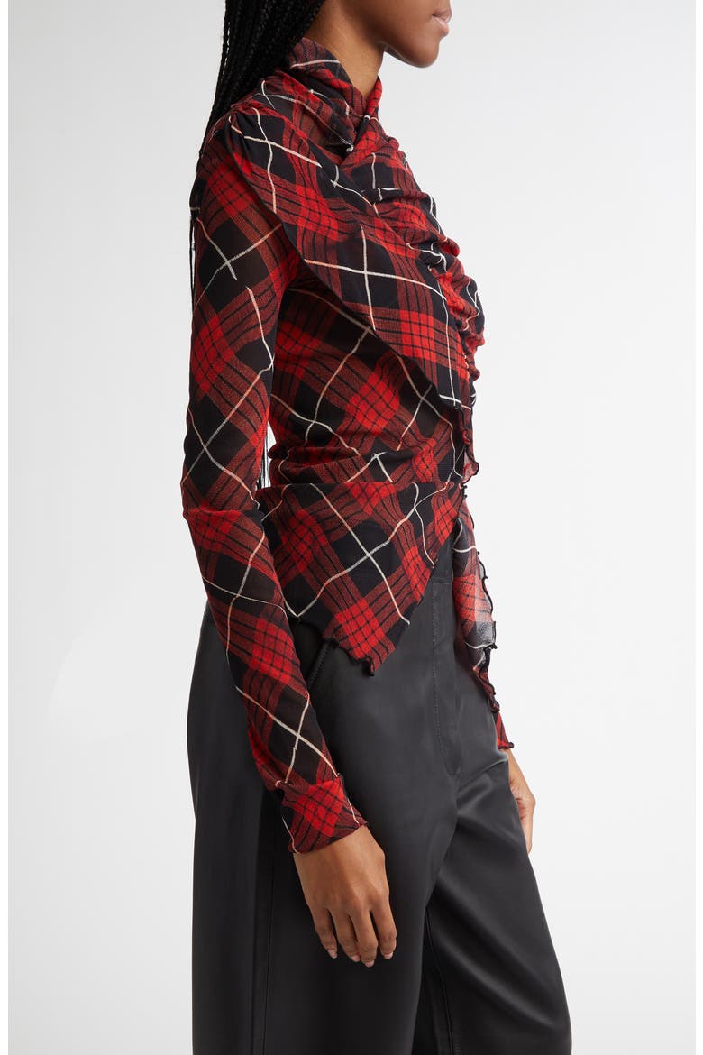 Draped Plaid Long Sleeve Mesh Top, Alternate, color, RED/ BLACK/ WHITE
