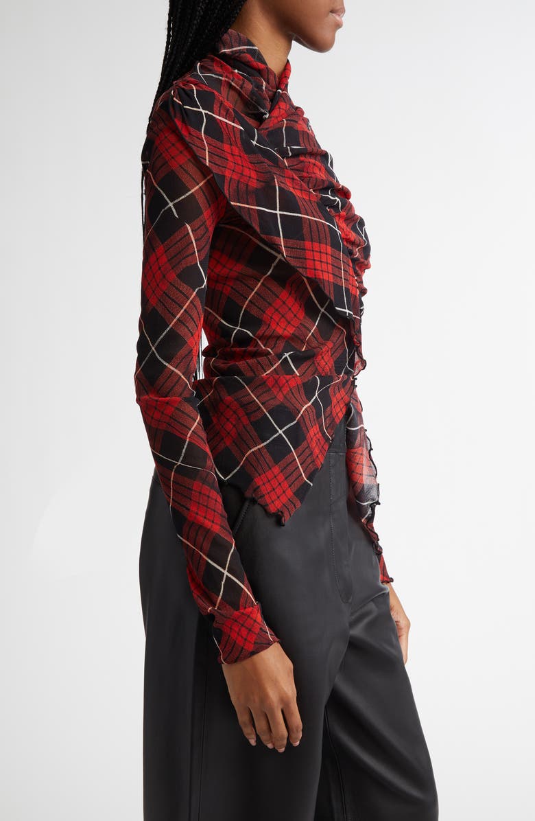 Jean Paul Gaultier Draped Plaid Long Sleeve Mesh Top, Alternate, color, 
