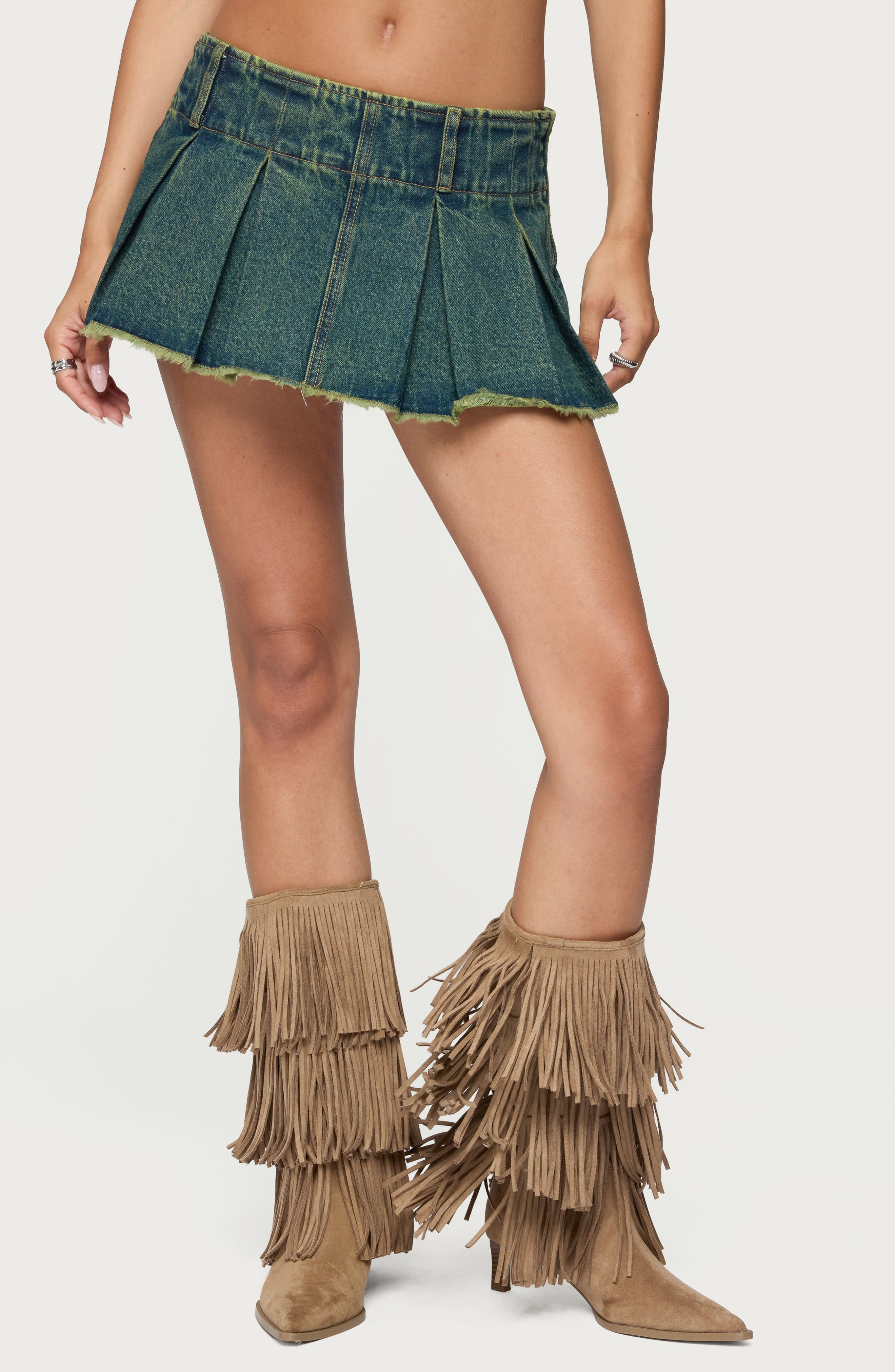 Pleated Frayed Denim Miniskort