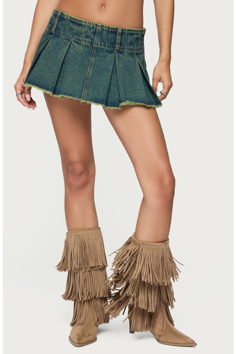 Pleated Frayed Denim Miniskort, Main, color, BLUE-WASHED