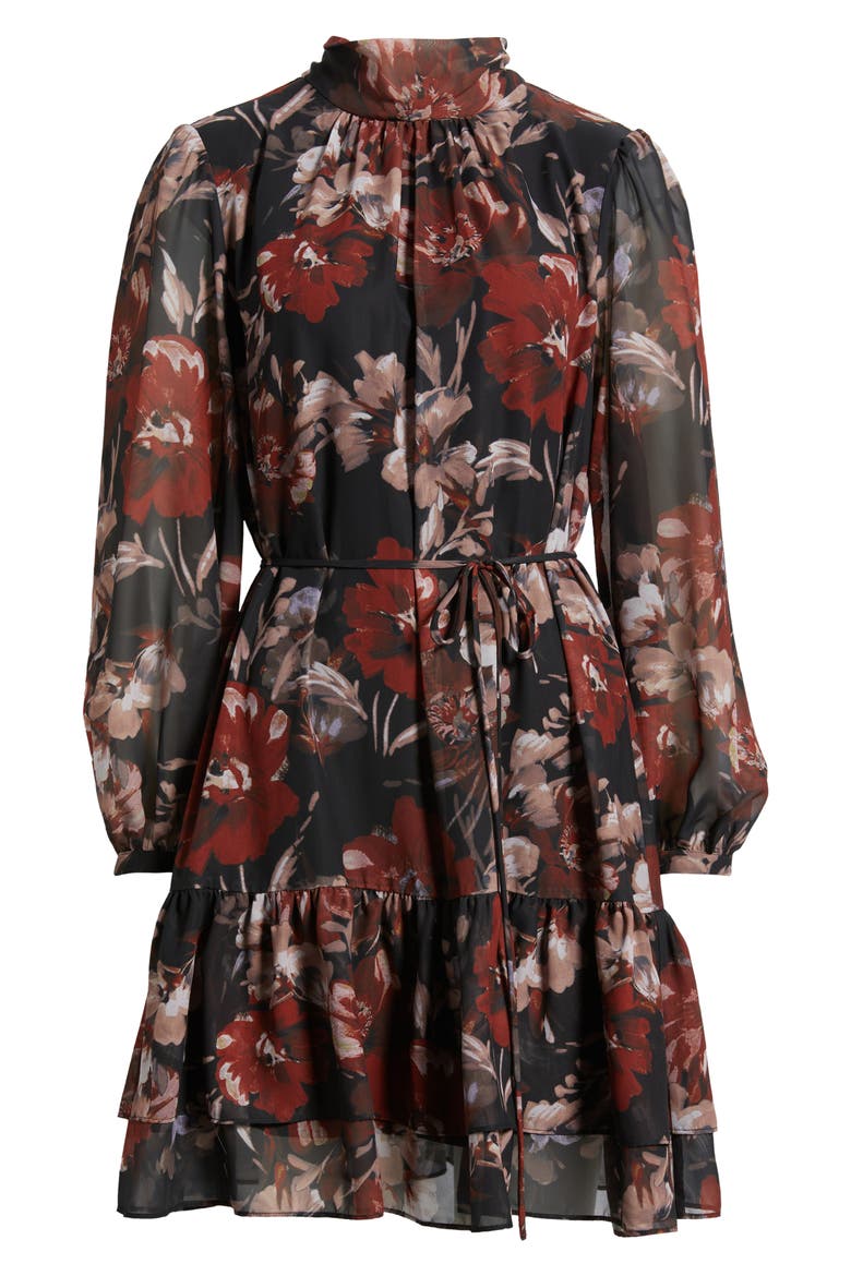 Long Sleeve Mock Neck Floral Dress, Alternate, color, BLACK MULTI