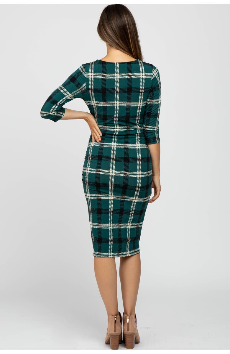 PinkBlush Plaid 3/4 Sleeve Ruched Maternity Dress, Alternate, color, Forest Green