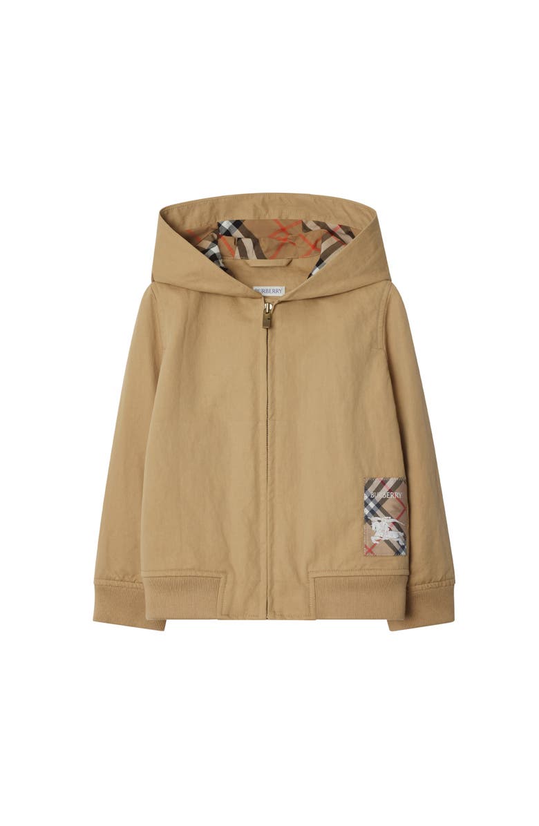 Burberry Check Label Nylon Cotton Zip Hoodie, Main, color, 