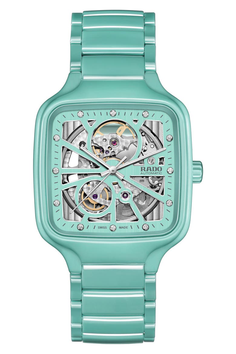 True Square Diamond Automatic Open Heart Bracelet Watch, 38mm, Main, color, AQUA