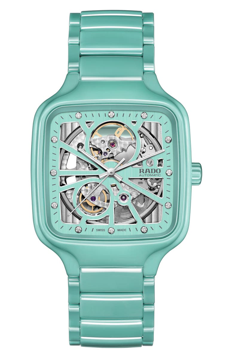 RADO True Square Diamond Automatic Open Heart Bracelet Watch, 38mm, Main, color, Aqua