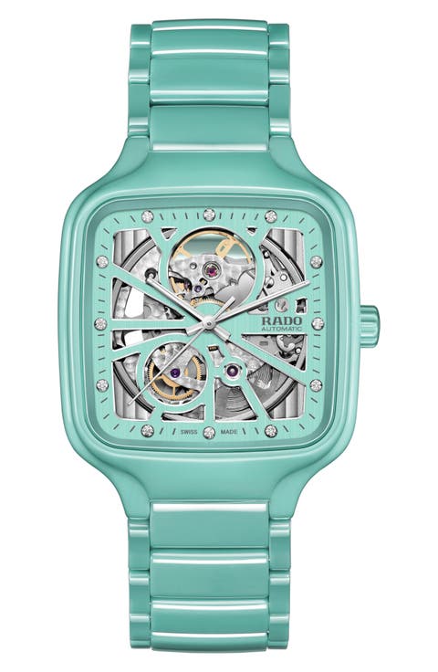 True Square Diamond Automatic Open Heart Bracelet Watch, 38mm