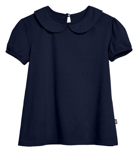 Girls Soft Cotton Jersey Peter Pan Collar Short Sleeve Puff Tee