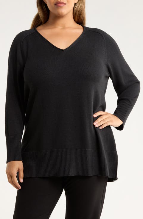 V-Neck Organic Cotton Blend Sweater (Plus)