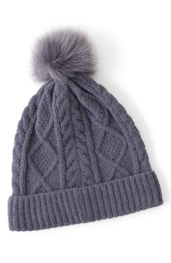Pj Salvage Faux Fur Pompom Chenille Cable Knit Beanie In Gray