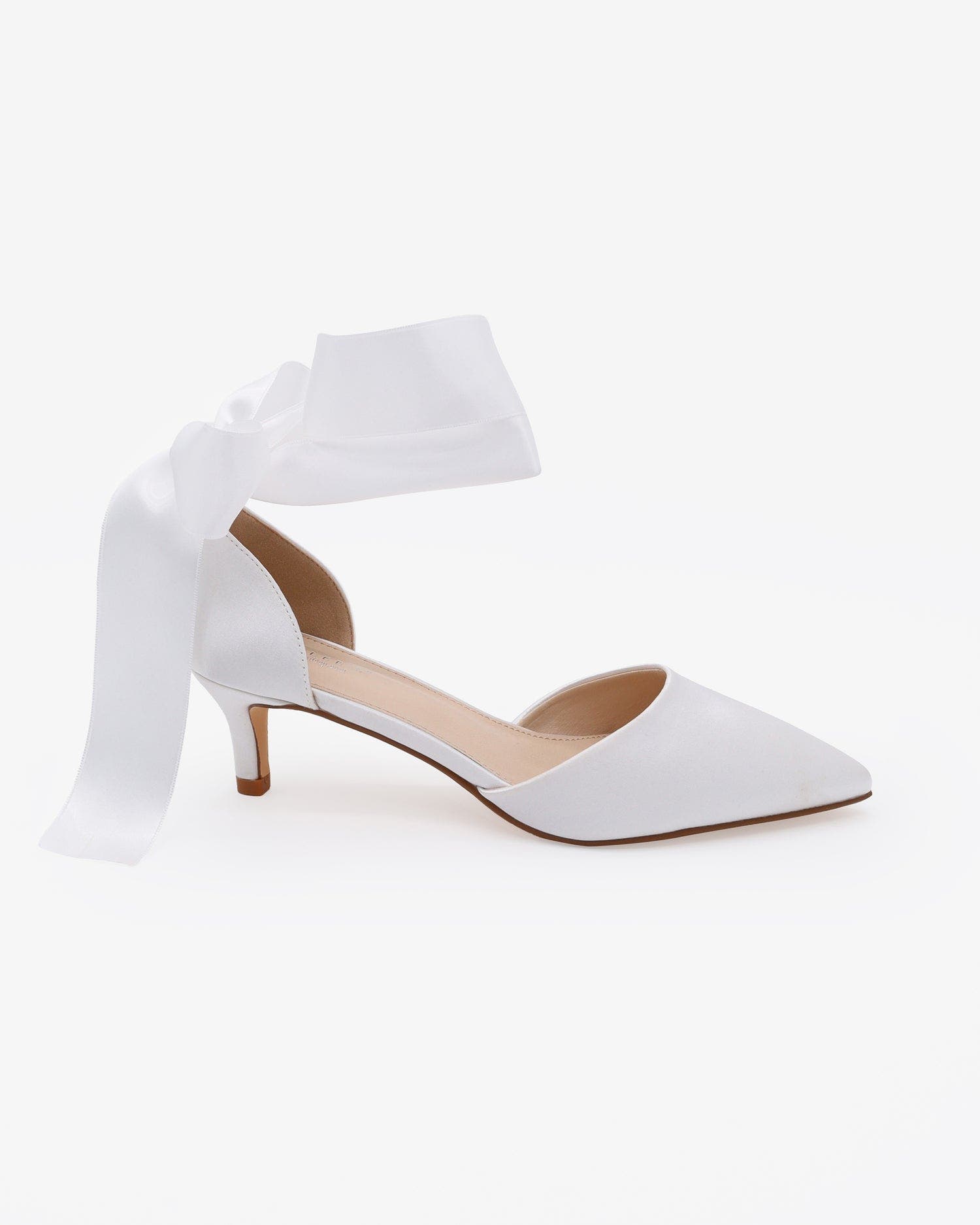 Kailee P Farah Satin Pointy Toe Kitten Low Heel with Wrapped Satin Ribbon Tie, Alternate, color, White