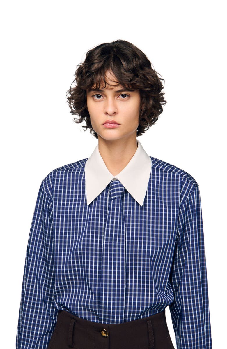SANDRO Checkered shirt with removable tie, Alternate, color, Blue / Black