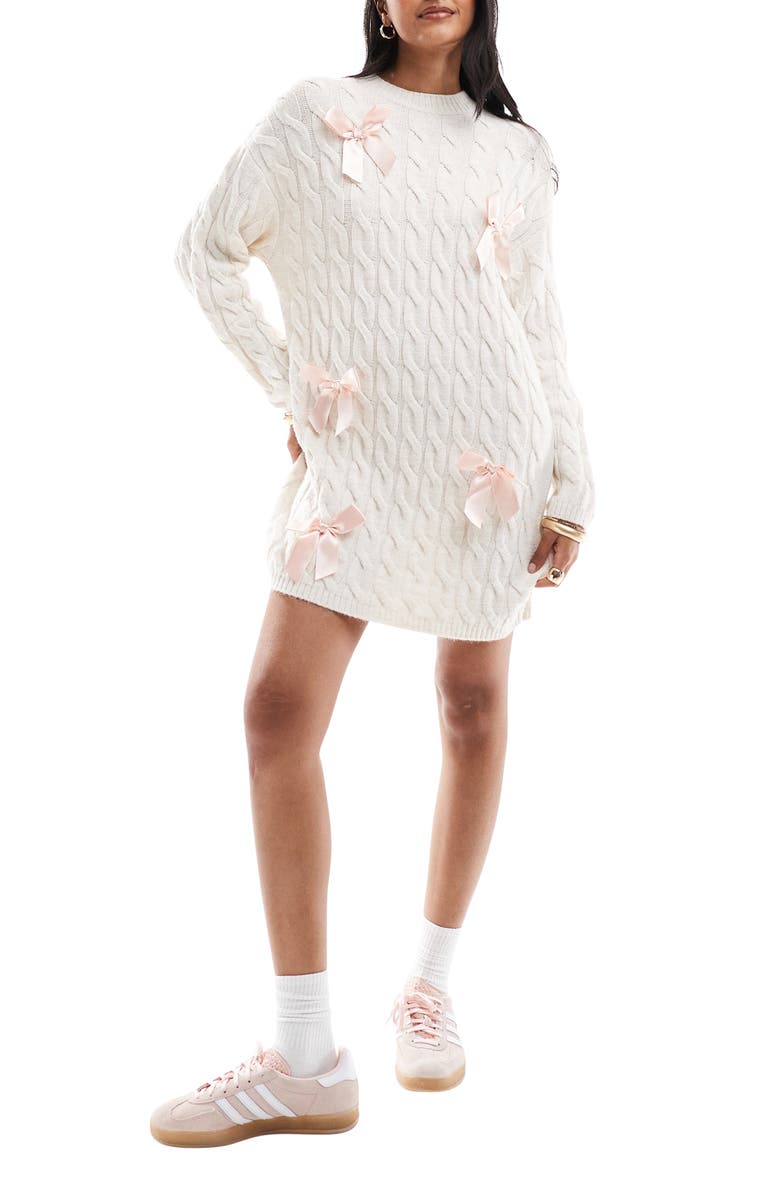 Miss Selfridge Bow Cable Stitch Long Sleeve Sweater Dress, Main, color, 