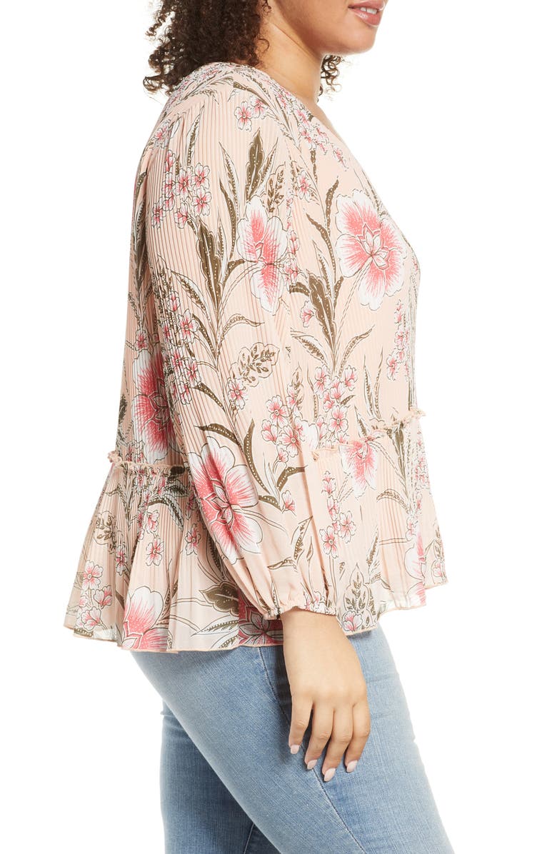 Single Thread Pleated V-Neck Floral Blouse, Alternate, color,