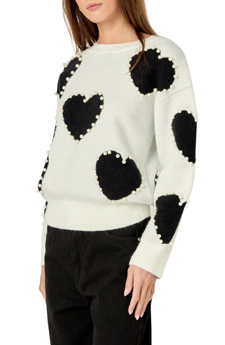 English Factory Heart Imitation Pearl Sweater, Alternate, color, Black Multi