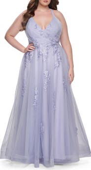 La Femme Plus Size A-line Tulle Dress with Floral Detailing