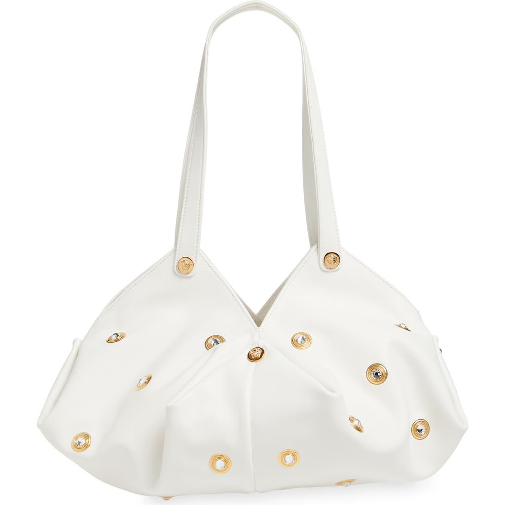 Versace Protea Crystal Stud Leather Shoulder Bag In Porcelain White Gold
