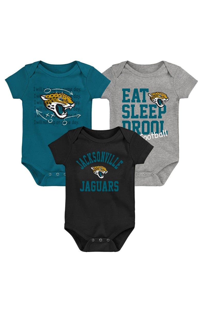 Outerstuff Newborn & Infant Teal/Black/Heather Gray Jacksonville Jaguars Three-Pack Eat, Sleep & Drool Retro Bodysuit Set, Main, color, 