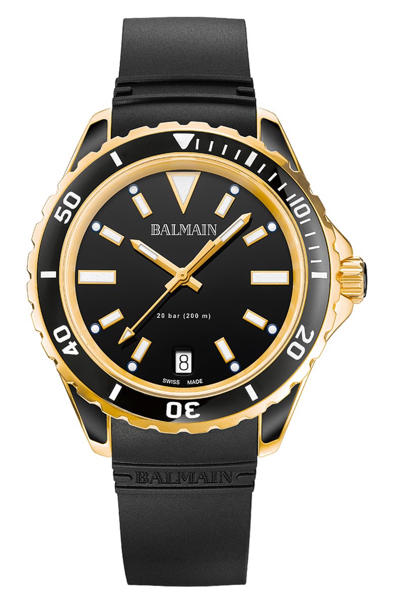 BALMAIN WATCHES Ophrys Dive Rubber Strap Watch, 38.5mm, Main, color, Black