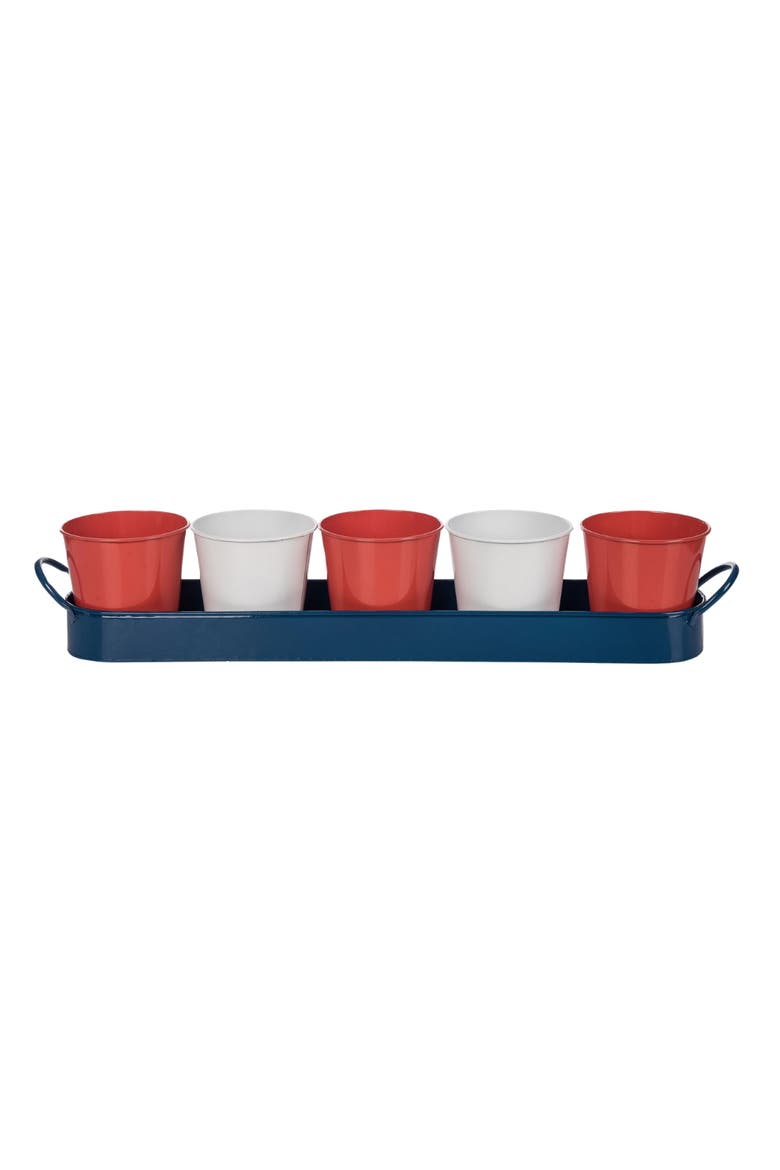 Metal Tray with Red White Blue Pots for Home Decorations Patriotic Planters and Metal Accents, Main, color, Blue