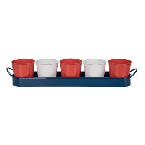 Metal Tray with Red White Blue Pots for Home Decorations Patriotic Planters and Metal Accents