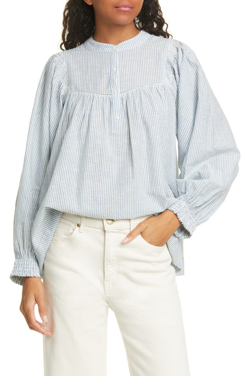 THE GREAT. The Shepherd Stripe Cotton & Linen Top, Main, color,