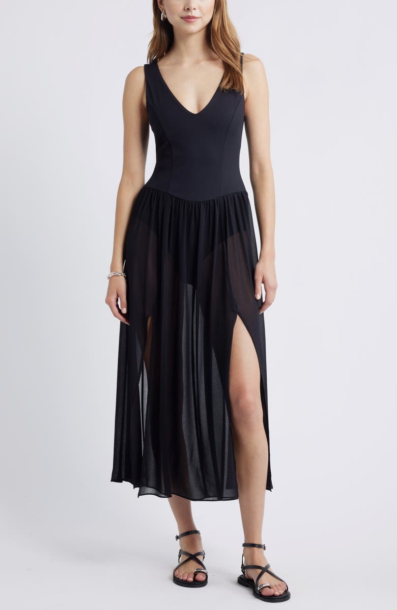 Open Edit Mixed Media Side Slit Tank Dress, Main, color, Black