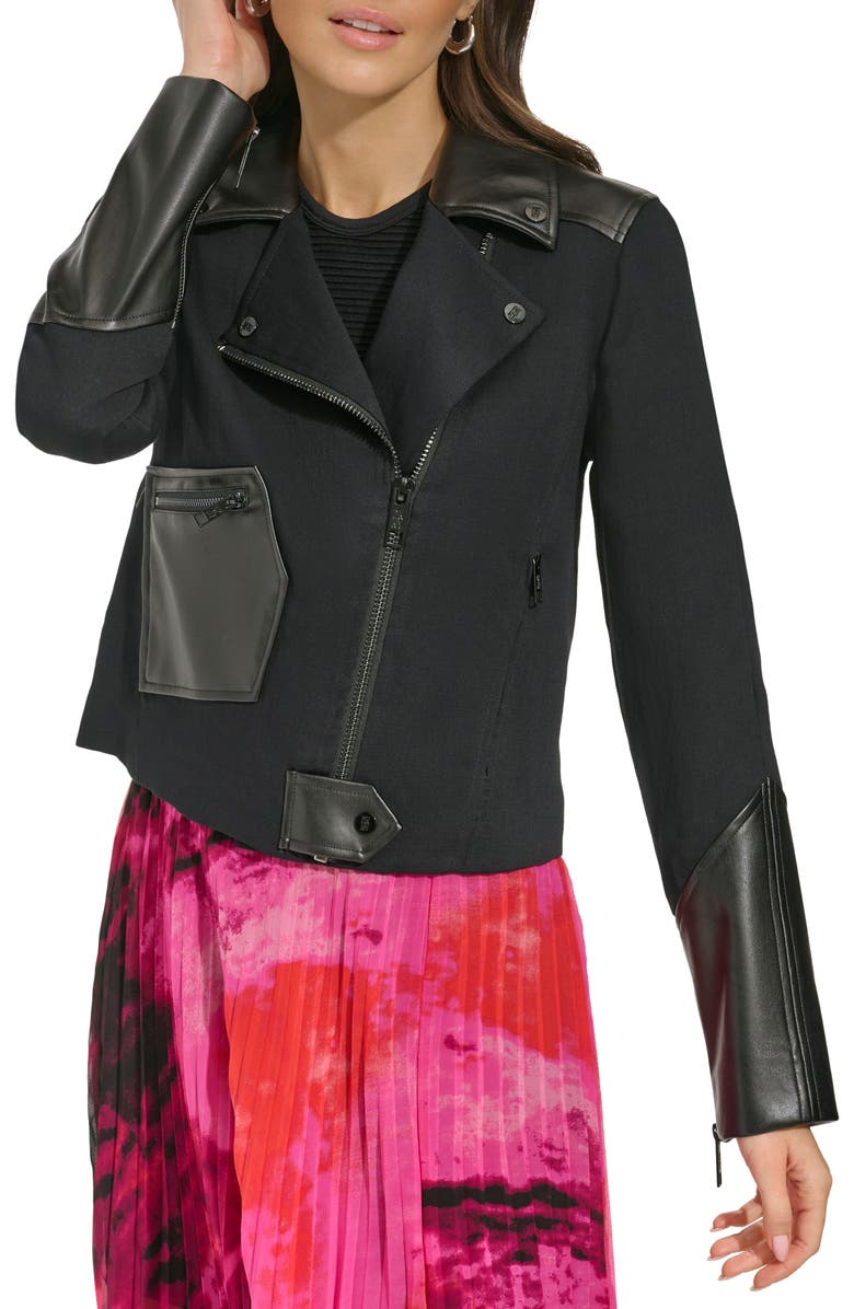 DKNY Mixed Media Moto Jacket, Main, color,