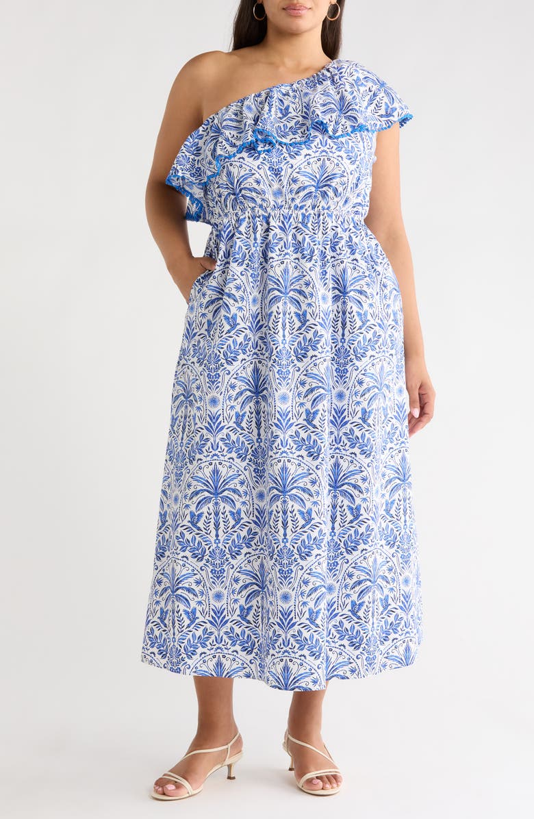 SUGARLIPS Romina Tropical Suraya One-Shoulder Cotton Midi Dress, Main, color, Blue-White-Multi