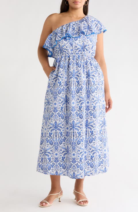 Romina Tropical Suraya One-Shoulder Cotton Midi Dress (Plus)