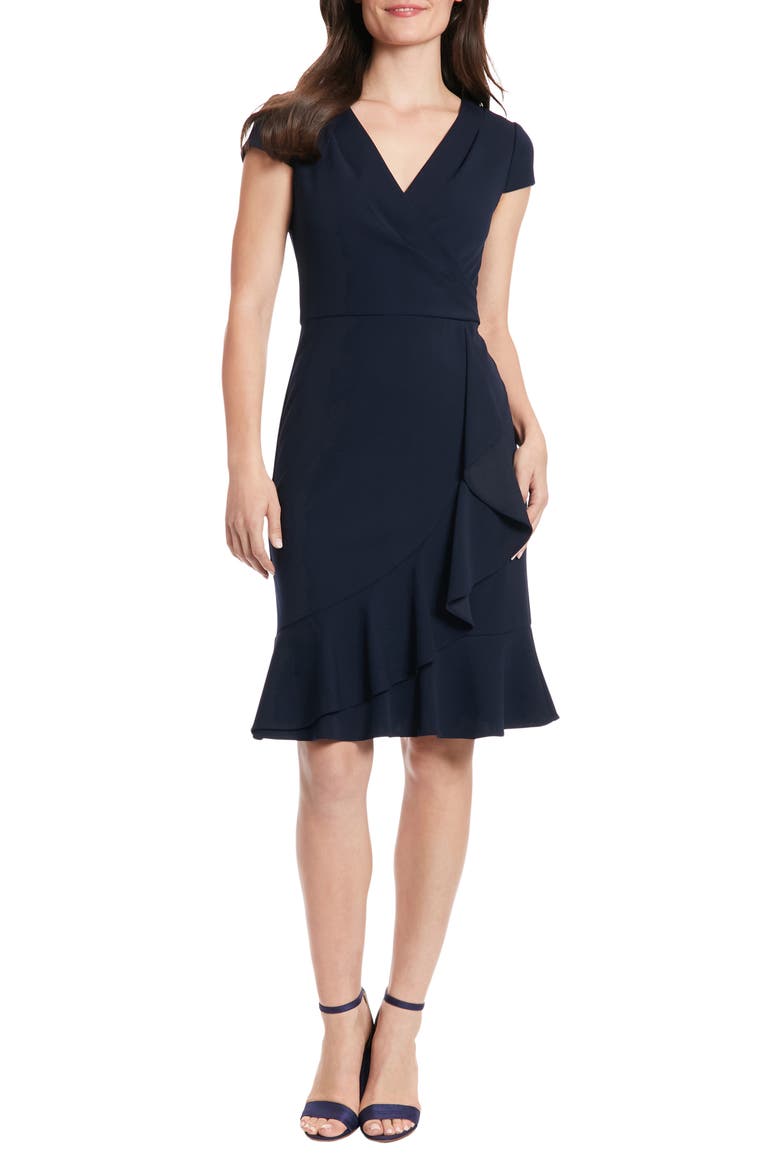 Cap Sleeve Ruffle Faux Wrap Dress, Main, color, NAVY