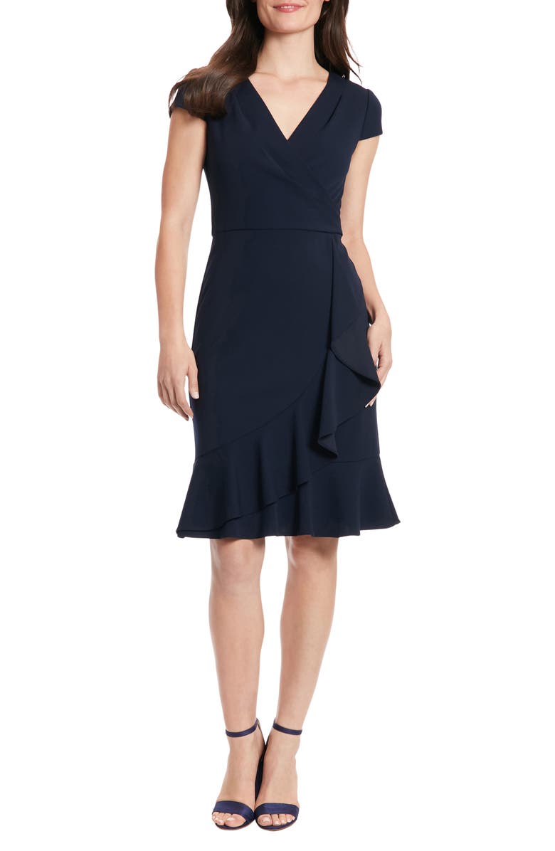 London Times Cap Sleeve Ruffle Faux Wrap Dress, Main, color, 