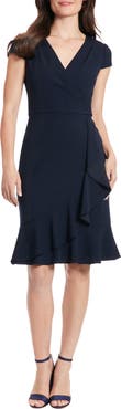 London Times Cap Sleeve Ruffle Faux Wrap Dress