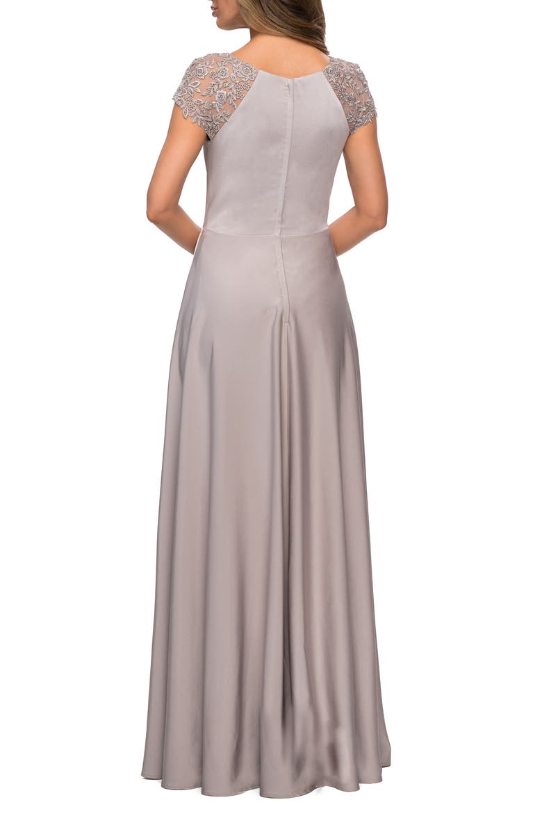La Femme Long Satin Dress with Sheer Floral Lace Cap Sleeves, Alternate, color, Silver