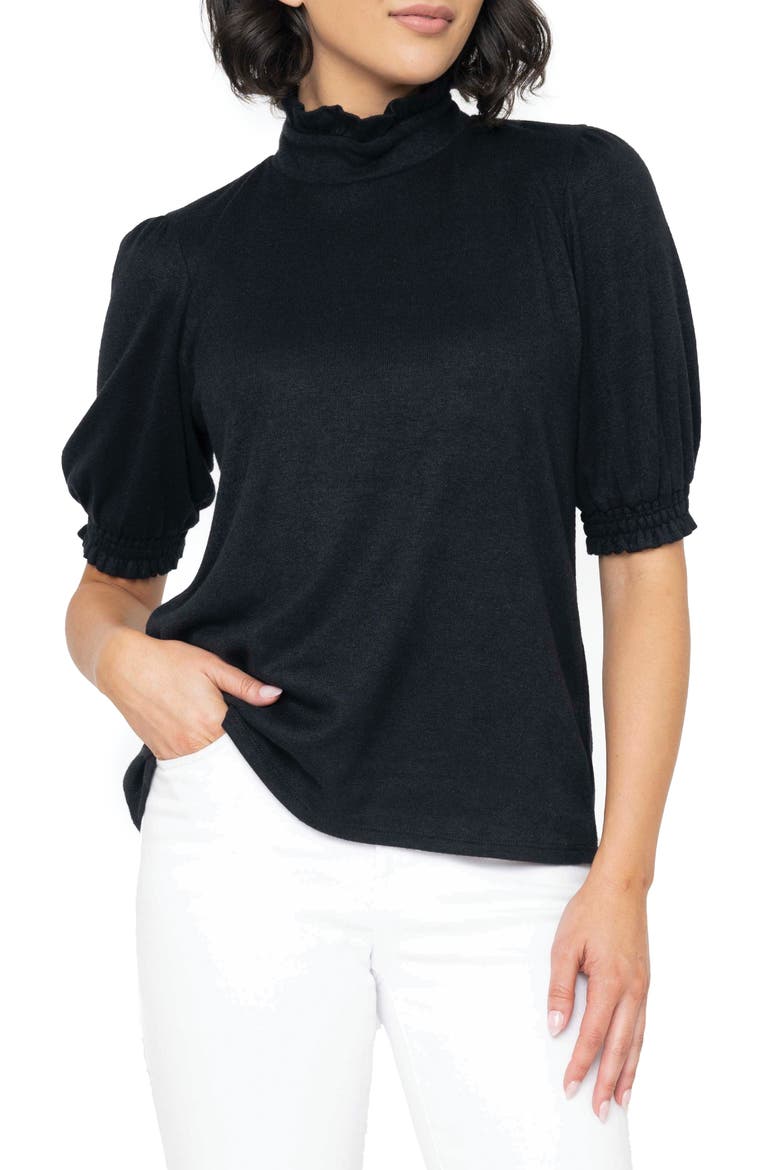Ruffle Mock Neck Puff Sleeve Sweater, Main, color, BLACK