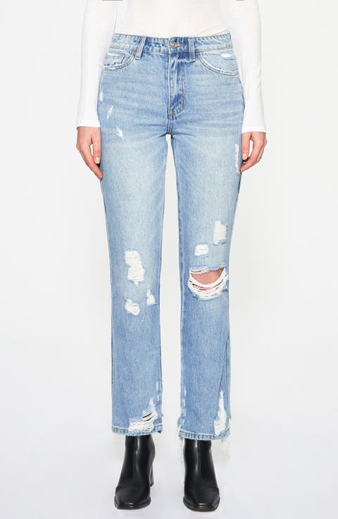 Christine High Waist Distressed Straight Leg Jeans (Medium Blue)