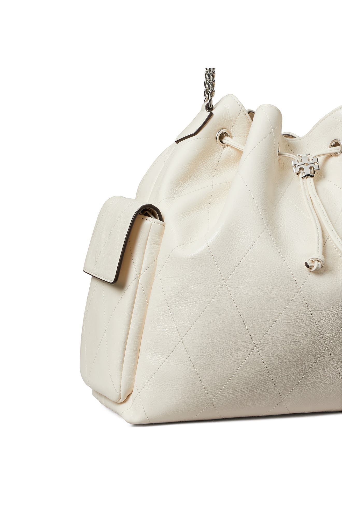 Tory Burch Large Charlie Quilted Leather Drawstring Shoulder Bag, Alternate, color, Light Cream