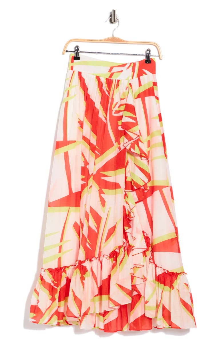 DVF Pandora Print Cotton & Silk Skirt, Main, color, Palm Geo Orange Giant