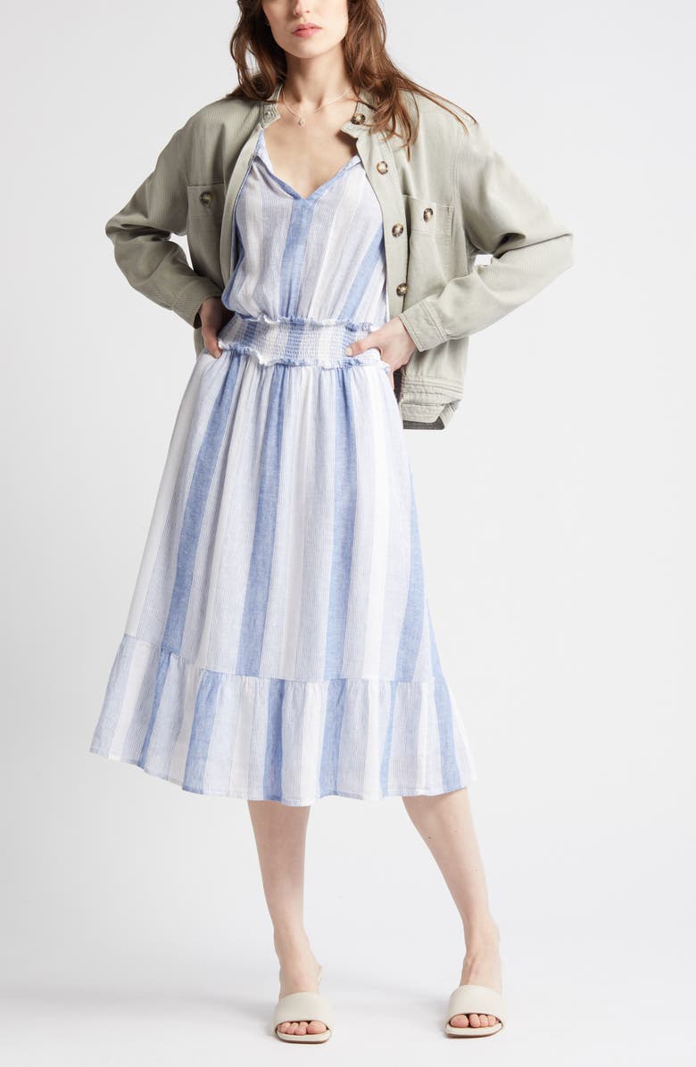 Rails Ashlyn Stripe Smocked Waist Linen Blend Dress, Main, color, Nevis Stripe