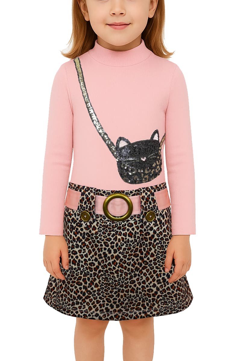 Zunie Kids' Embroidered Animal Print Dress, Alternate, color, Blush/ Brown