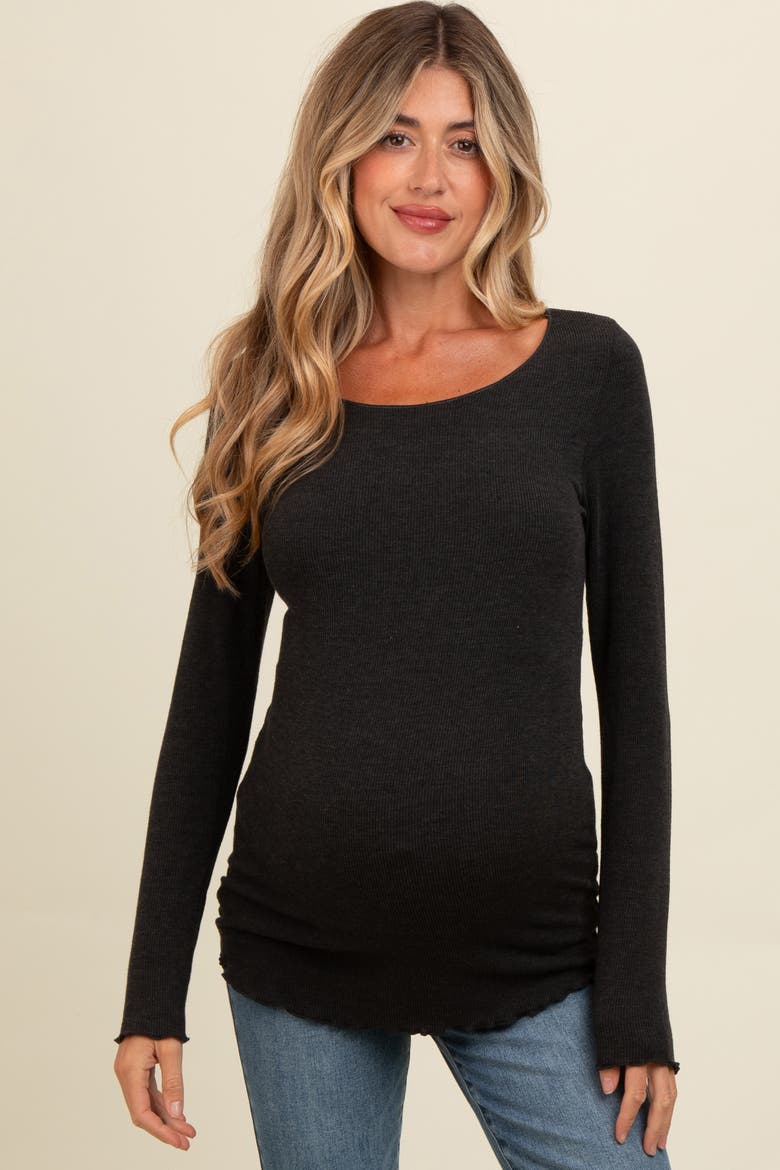 Ribbed Knit Long Sleeve Lettuce Hem Top, Main, color, Charcoal Grey