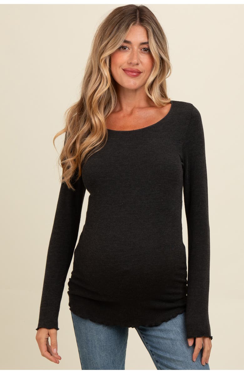PinkBlush Ribbed Knit Long Sleeve Lettuce Hem Top, Main, color, Charcoal Grey