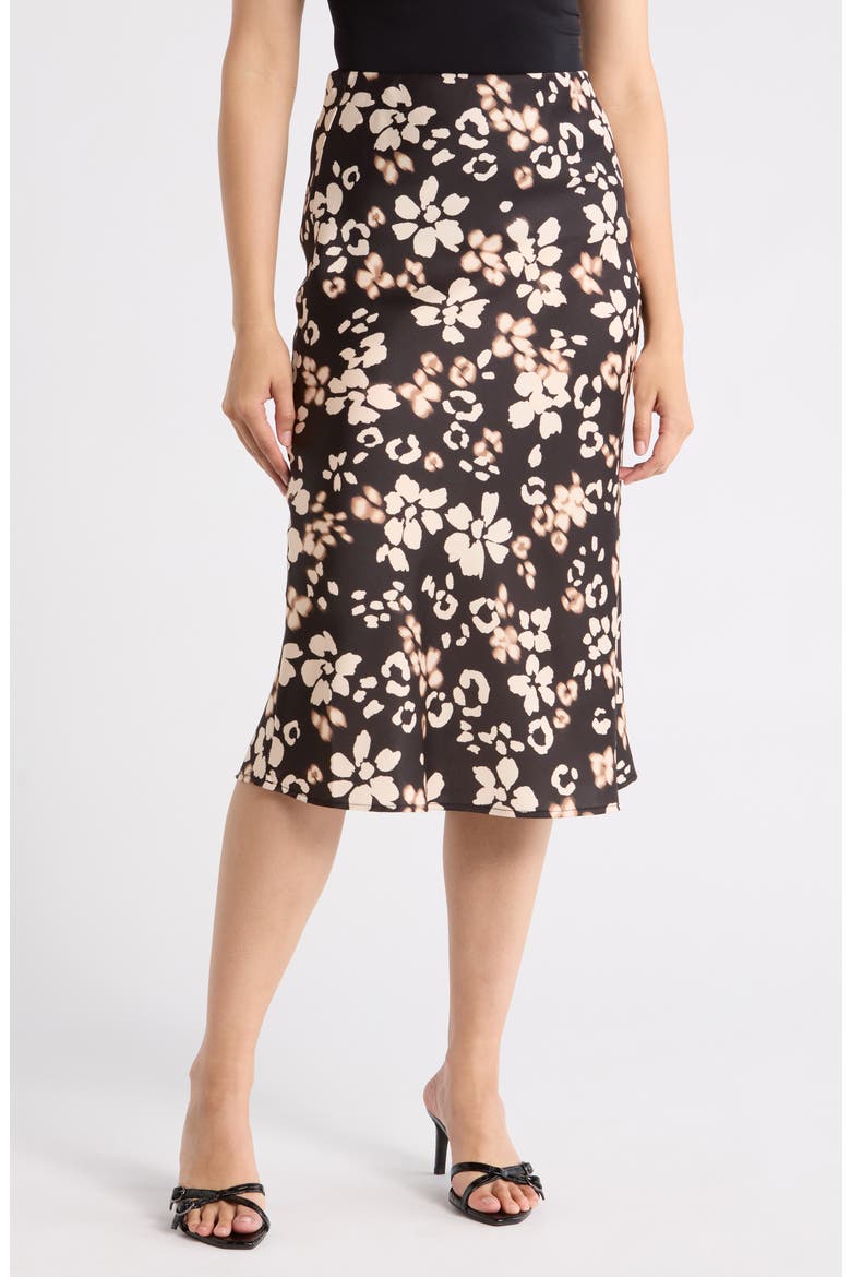 Floral Satin Midi Skirt, Main, color, BLACK