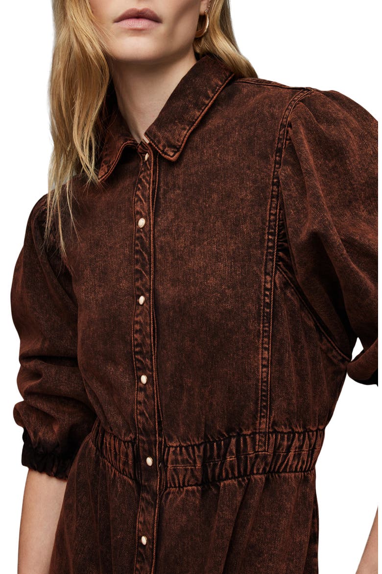 Osa Puff Sleeve Denim Midi Shirtdress, Alternate, color, ACID BROWN