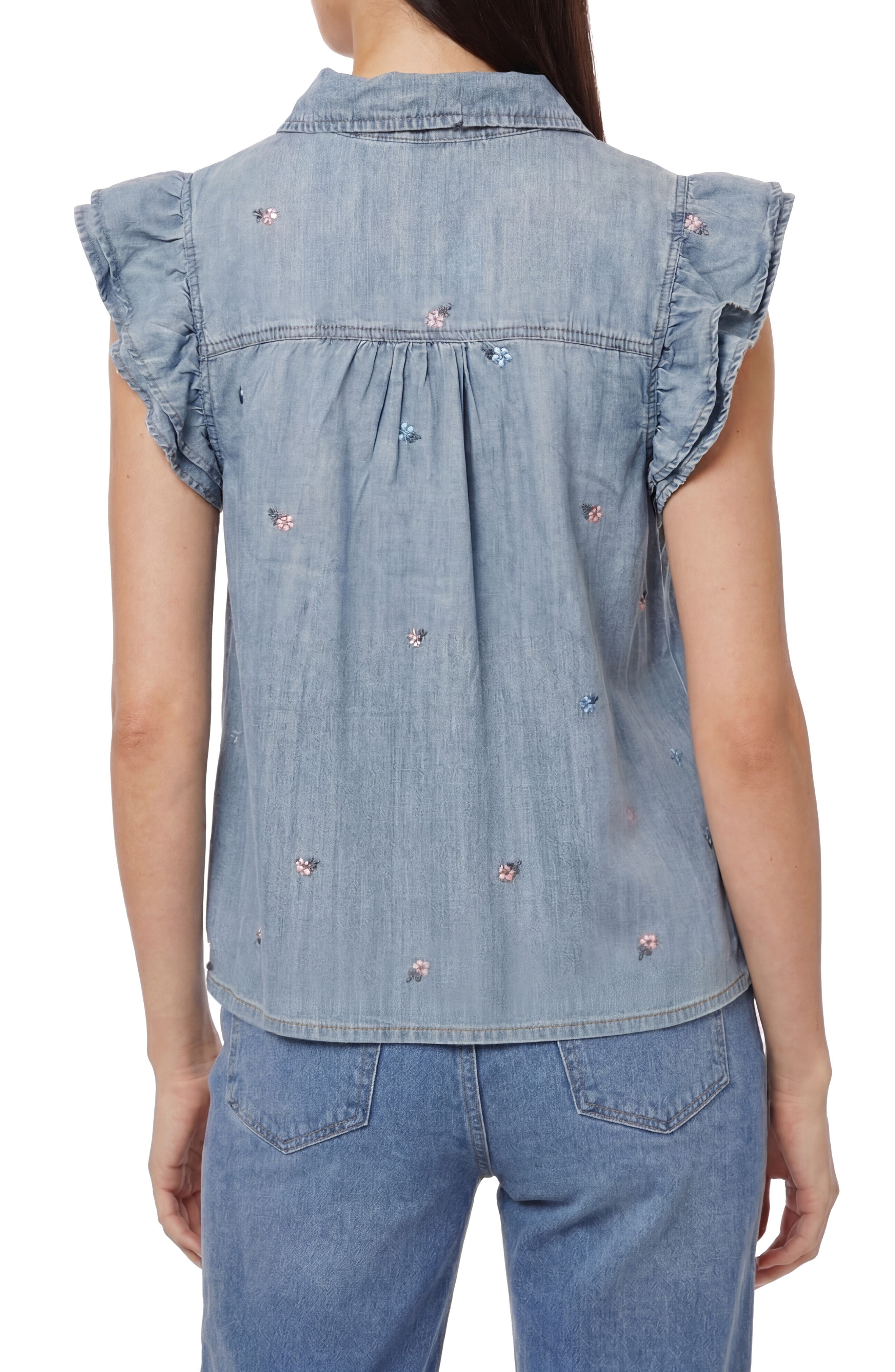 Denim Double Flutter Sleeve Button Front Top - image 2