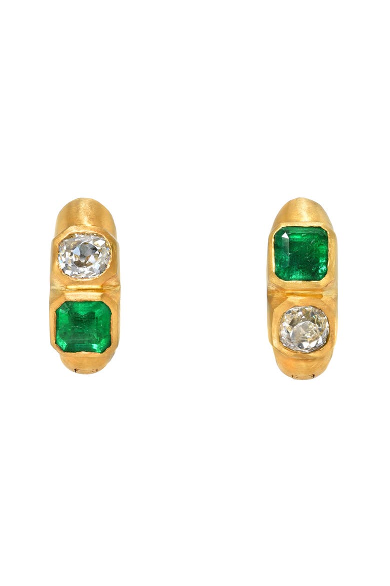 Bezel Set Emerald & Diamond Huggie Hoop Earrings, Alternate, color, GOLD/ DIAMOND/ EMERALD