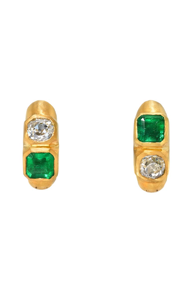 Darius Bezel Set Emerald & Diamond Huggie Hoop Earrings, Alternate, color, Gold/ Diamond/ Emerald