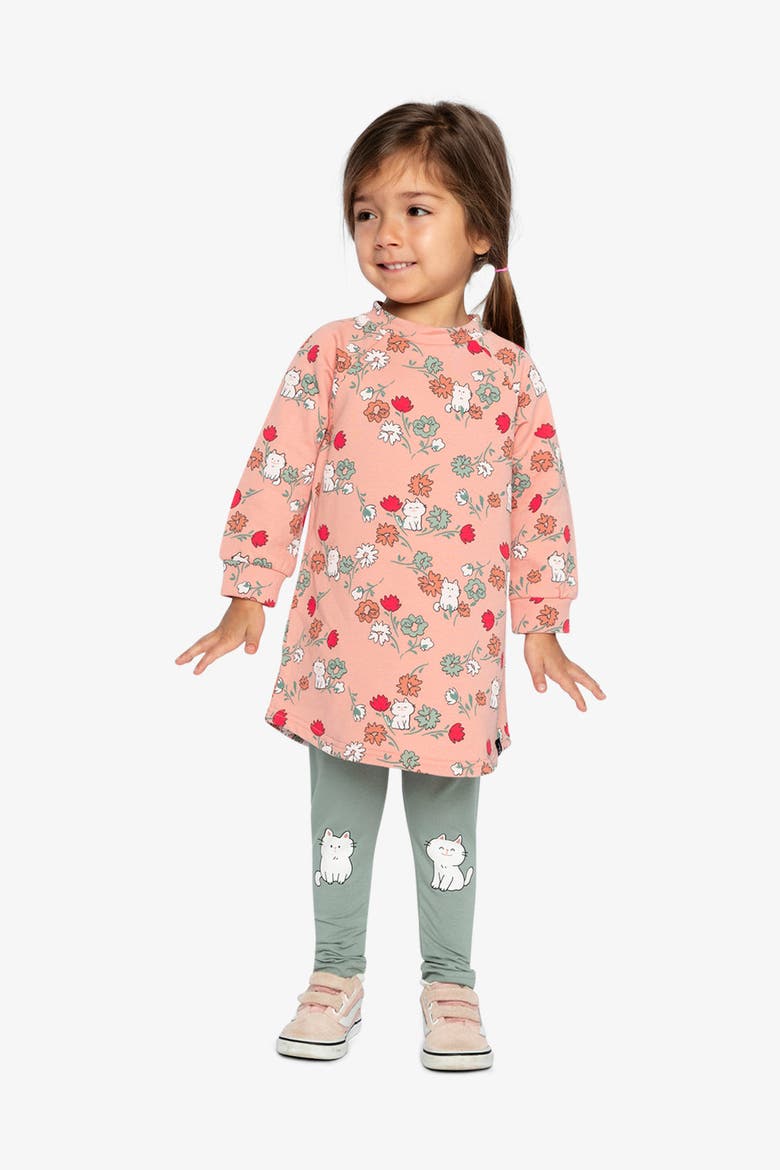 French Terry Cat Raglan Sleeve Curved Hem Dress, Alternate, color, Pink Cat Print